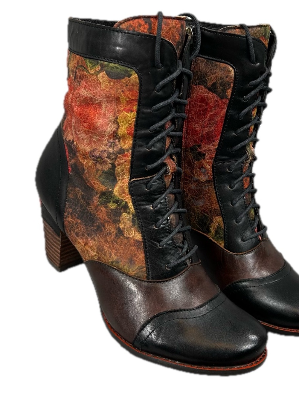 L'Artiste Charming Stack Block Heel Floral Hand Painted Ankle Boots Size 39